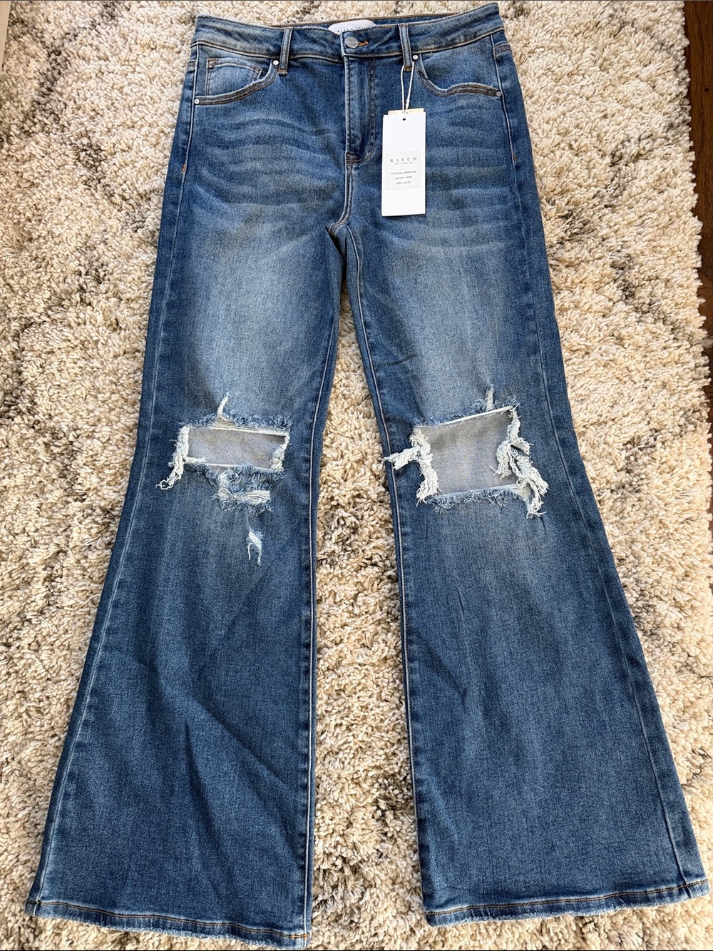Mid-Rise Distressed Wide-Leg Jeans in Medium Blue